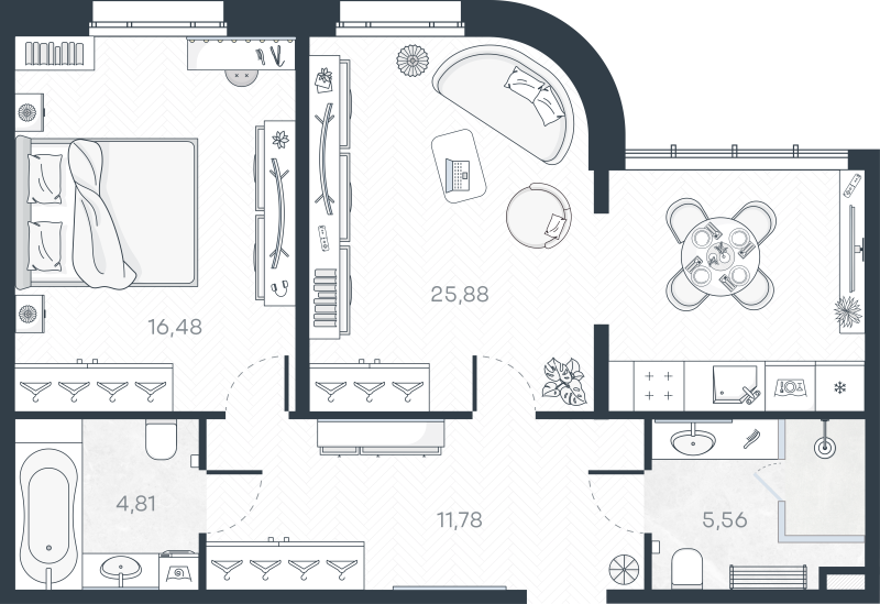 2-комнатная (Евро) квартира, 64.51 м² в ЖК "MONODOM-ART" - планировка, фото №1