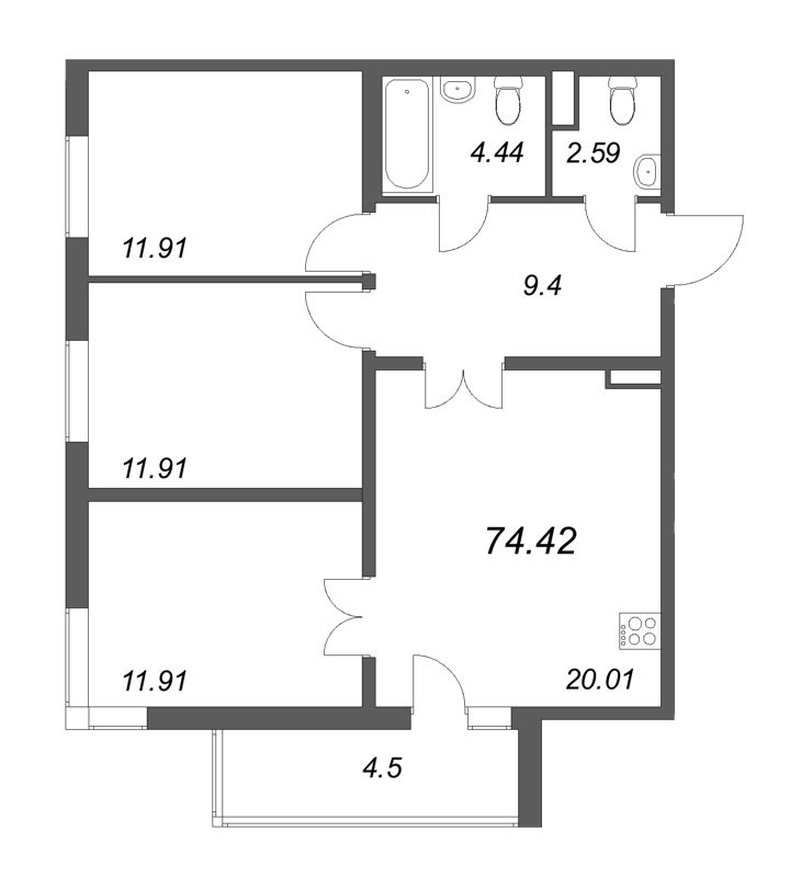 4-комнатная (Евро) квартира, 74.42 м² в ЖК "Новая история" - планировка, фото №1