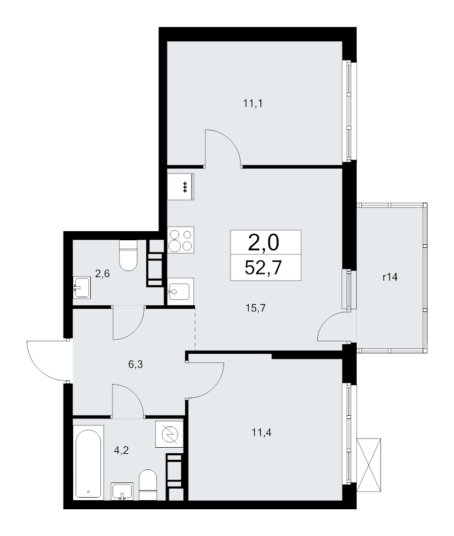 3-комнатная (Евро) квартира, 52.7 м² - планировка, фото №1