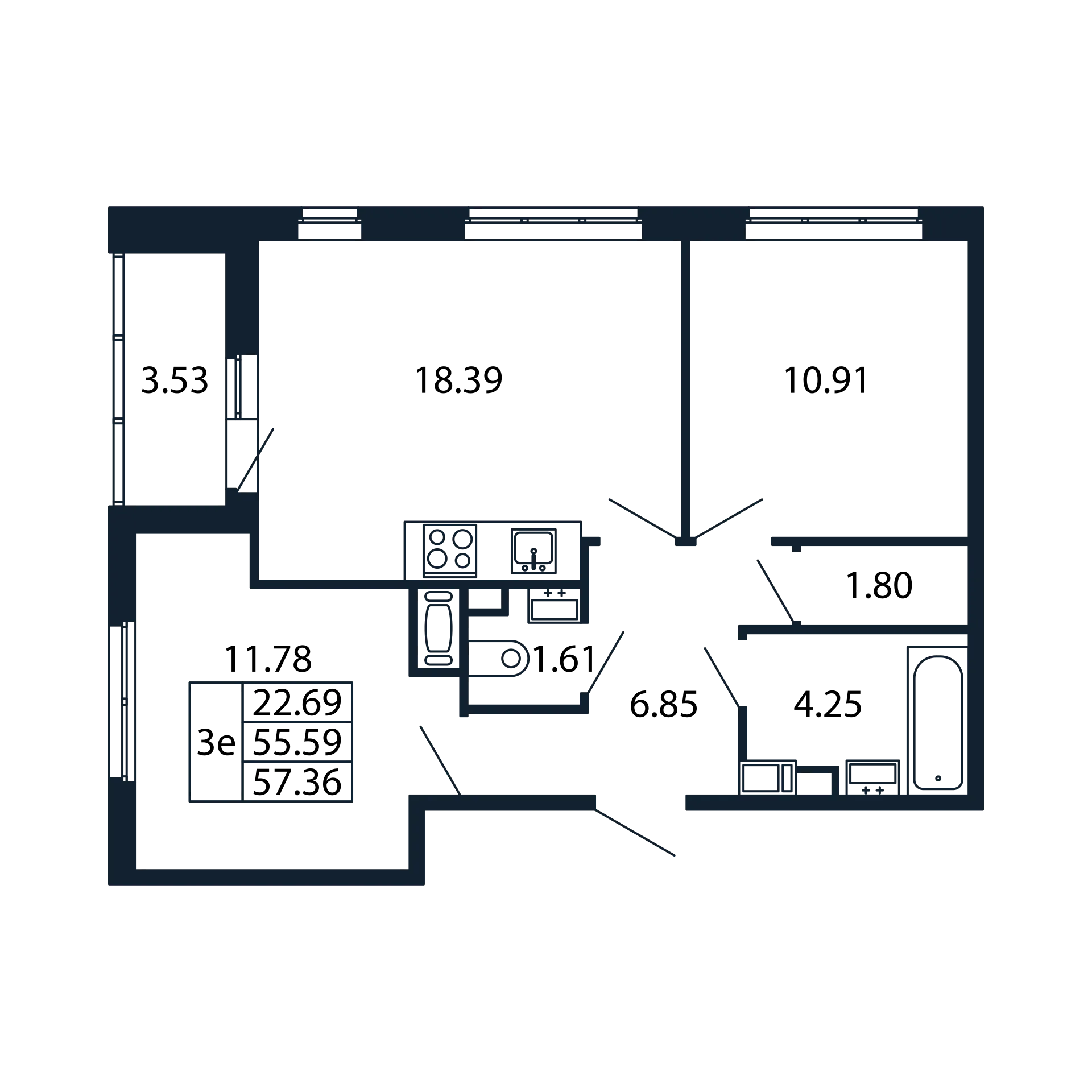 3-комнатная (Евро) квартира, 55.59 м² - планировка, фото №1