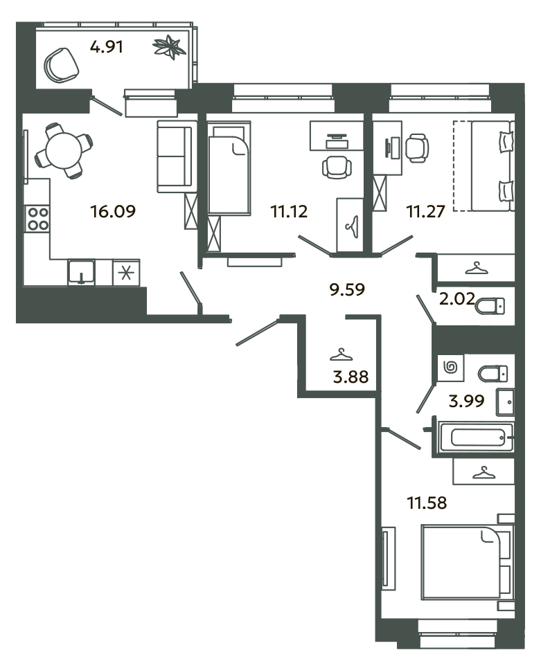 4-комнатная (Евро) квартира, 70.71 м² в ЖК "Загляденье" - планировка, фото №1
