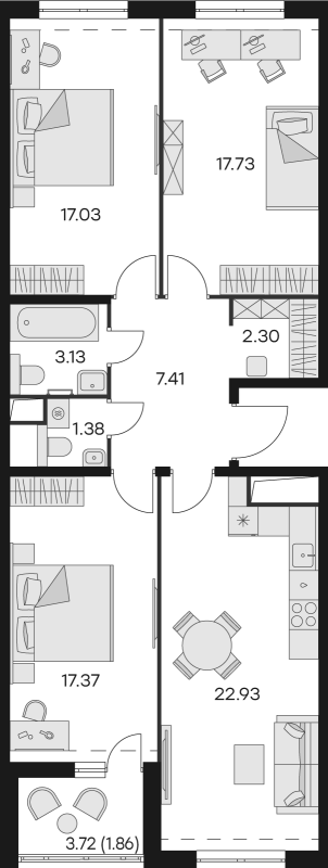 3-комнатная квартира, 91.14 м² - планировка, фото №1