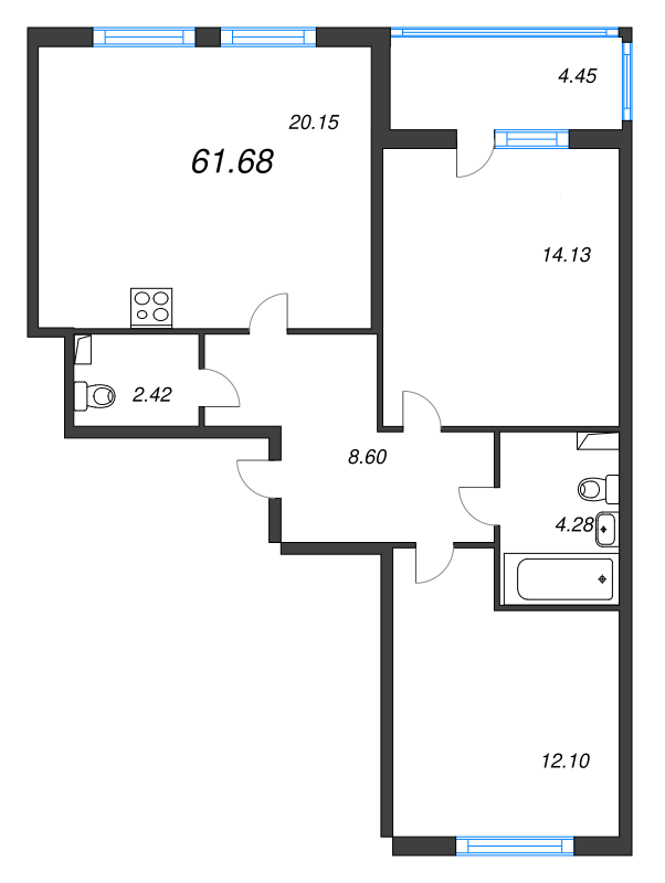 3-комнатная (Евро) квартира, 61.68 м² - планировка, фото №1