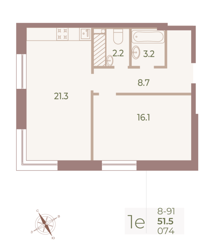 2-комнатная (Евро) квартира, 51.6 м² - планировка, фото №1