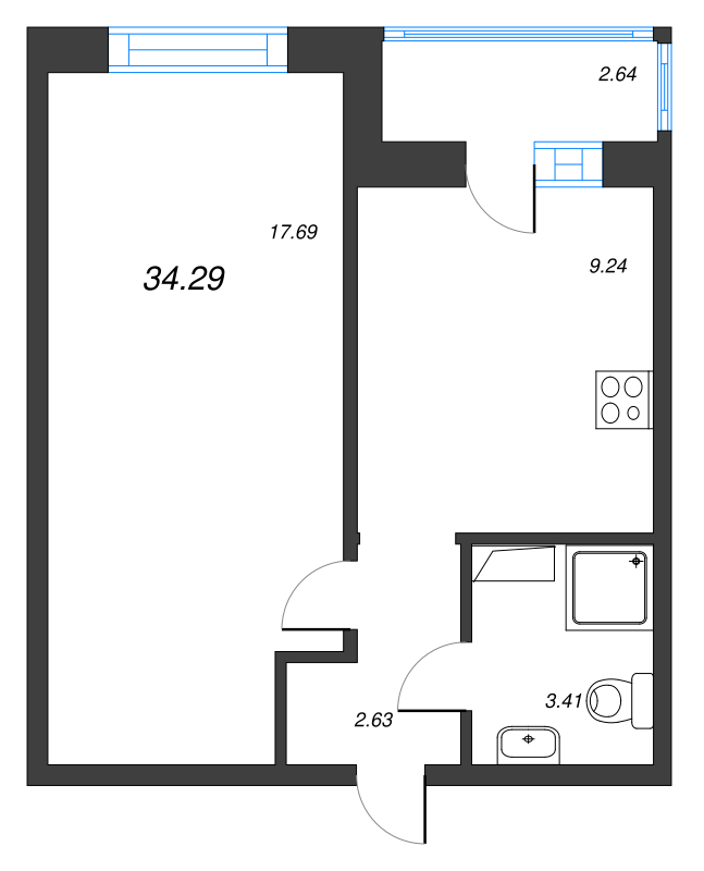 1-комнатная квартира, 34.29 м² - планировка, фото №1