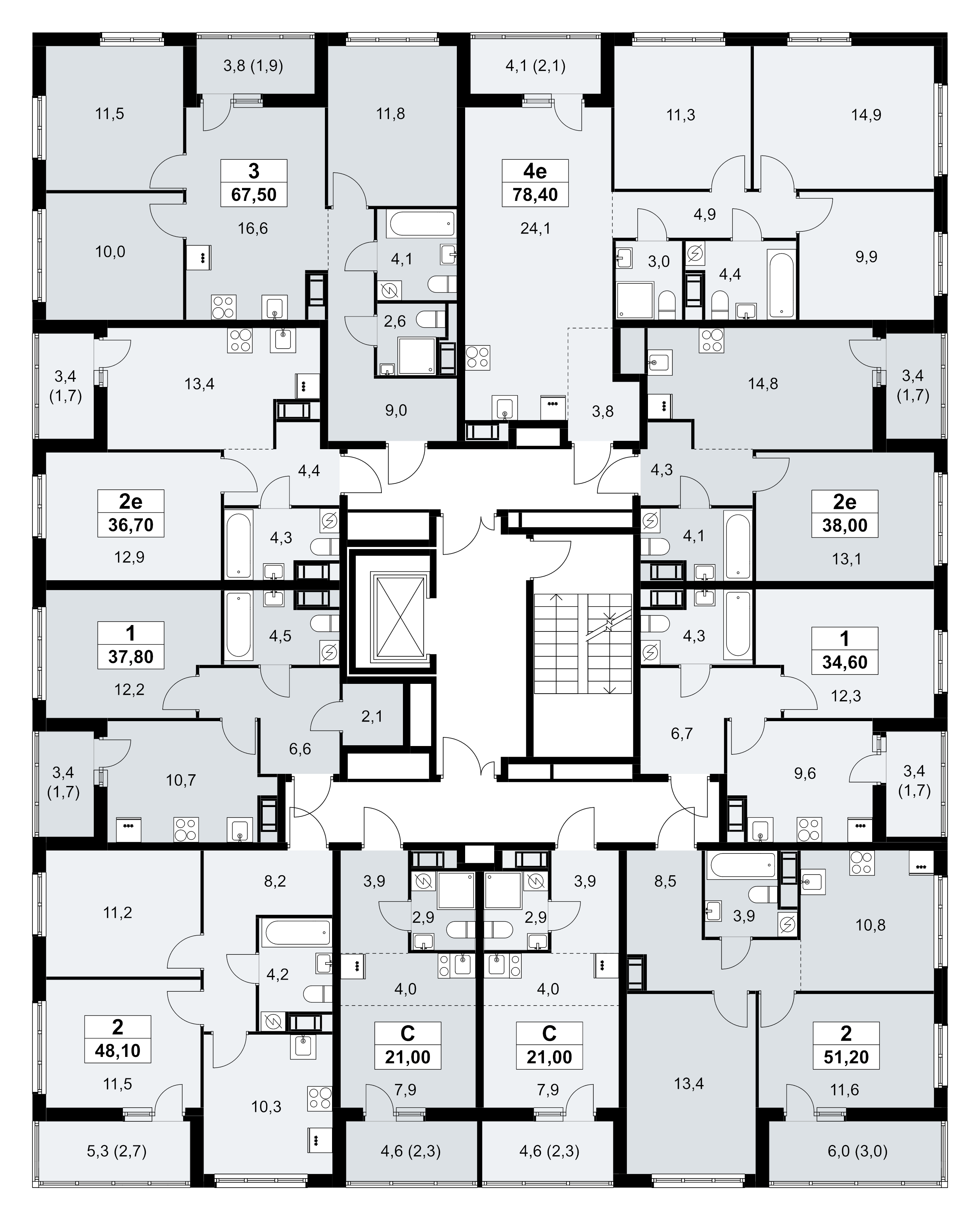 4-комнатная (Евро) квартира, 78.4 м² - планировка этажа