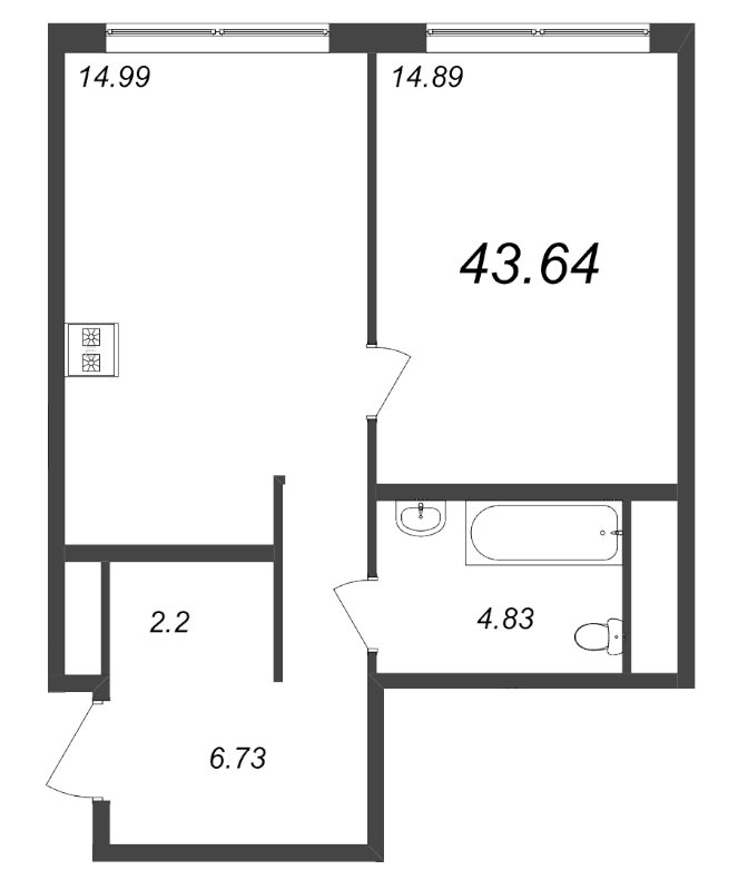 1-комнатная квартира, 43.64 м² в ЖК "GloraX Premium Василеостровский" - планировка, фото №1