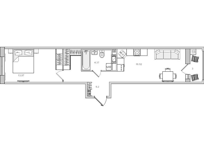 2-комнатная (Евро) квартира, 47.06 м² в ЖК "Город Первых" - планировка, фото №1
