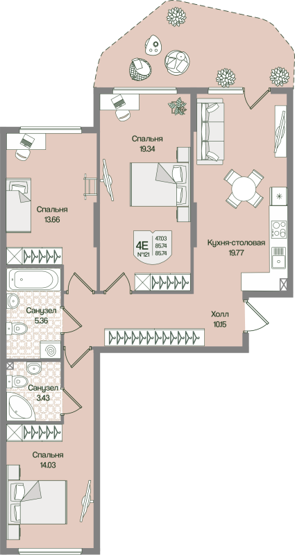 4-комнатная (Евро) квартира, 85.74 м² в ЖК "Охтинские высоты" - планировка, фото №1