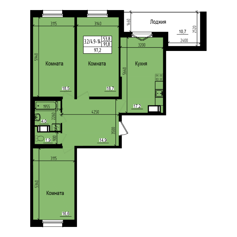 3-комнатная квартира, 97.2 м² - планировка, фото №1