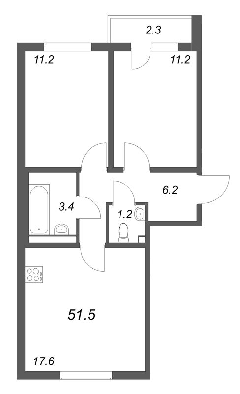 3-комнатная (Евро) квартира, 51.5 м² в ЖК "ЛСР. Ржевский парк" - планировка, фото №1