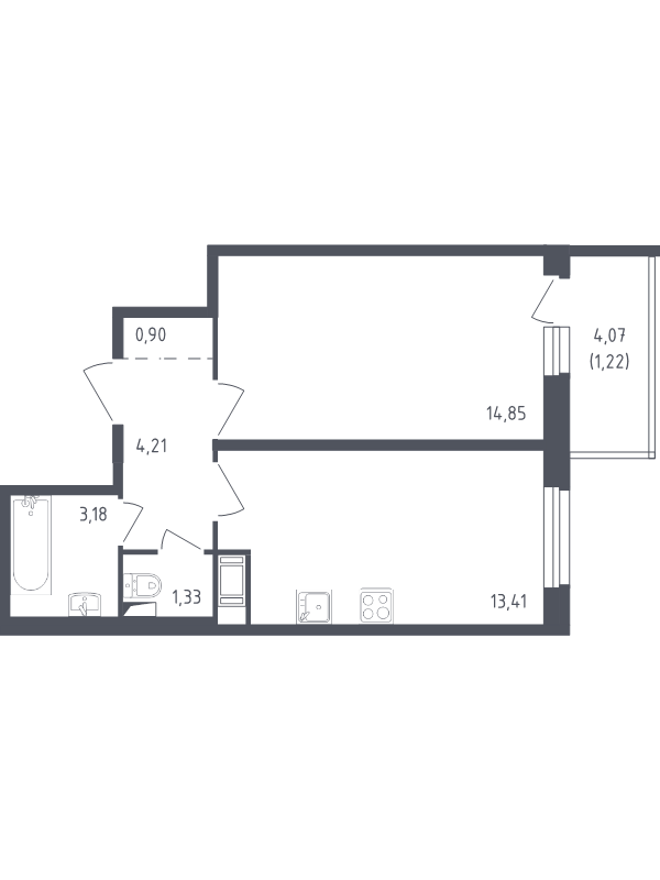 1-комнатная квартира, 39.1 м² - планировка, фото №1