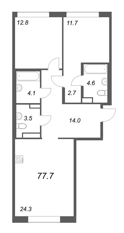 3-комнатная (Евро) квартира, 77.7 м² - планировка, фото №1