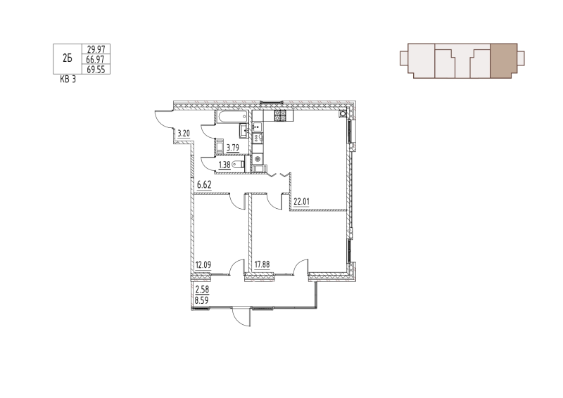 3-комнатная (Евро) квартира, 69.55 м² в ЖК "Loft у озера" - планировка, фото №1