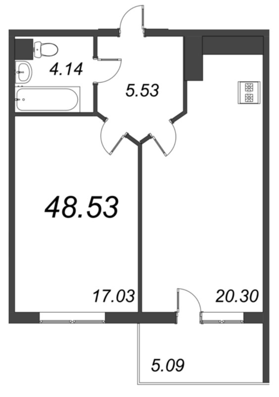 2-комнатная (Евро) квартира, 48.53 м² - планировка, фото №1