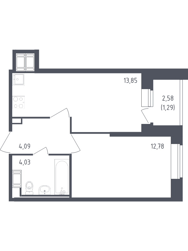 1-комнатная квартира, 36.04 м² - планировка, фото №1