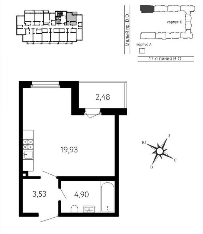Квартира-студия, 29.6 м² в ЖК "17-я линия" - планировка, фото №1