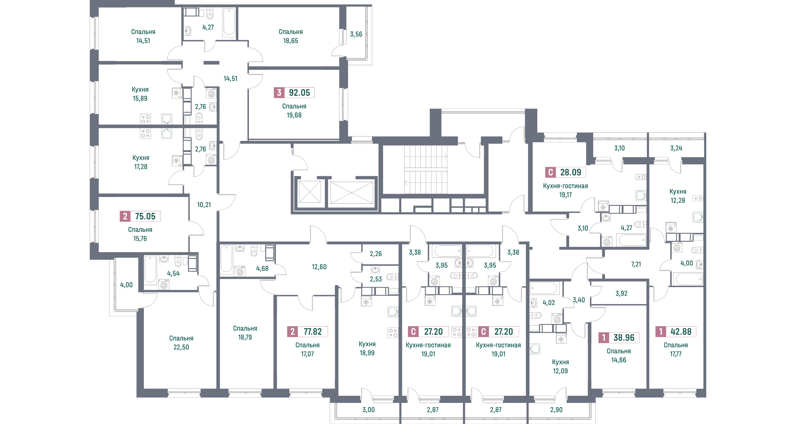 1-комнатная квартира, 38.96 м² - планировка этажа