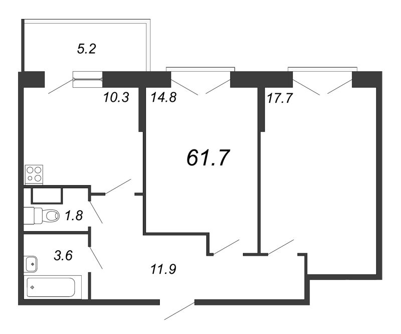 2-комнатная квартира, 62.1 м² - планировка, фото №1