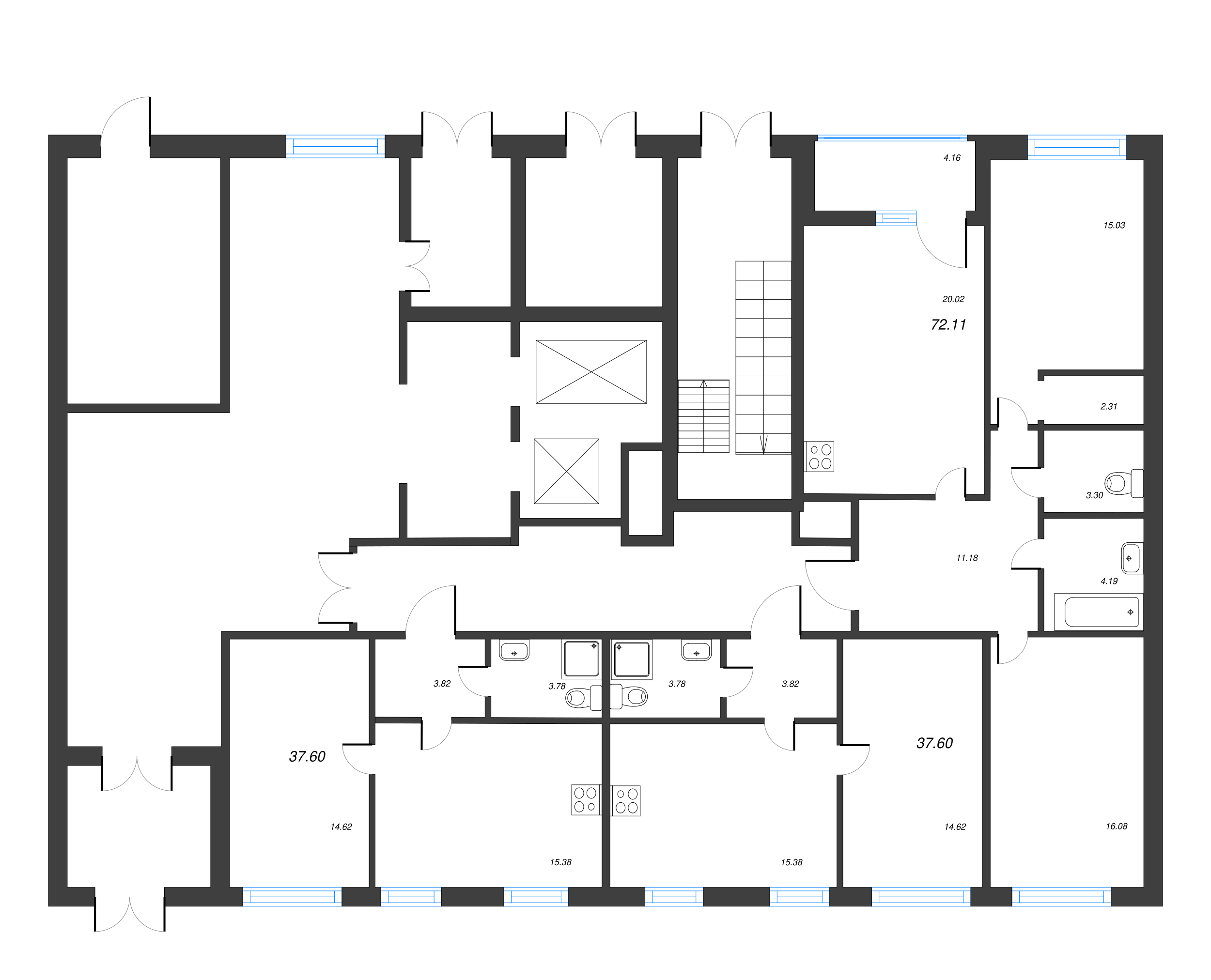 2-комнатная (Евро) квартира, 37.6 м² в ЖК "Чёрная речка" - планировка этажа