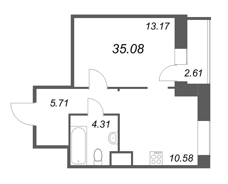 1-комнатная квартира, 35.08 м² - планировка, фото №1