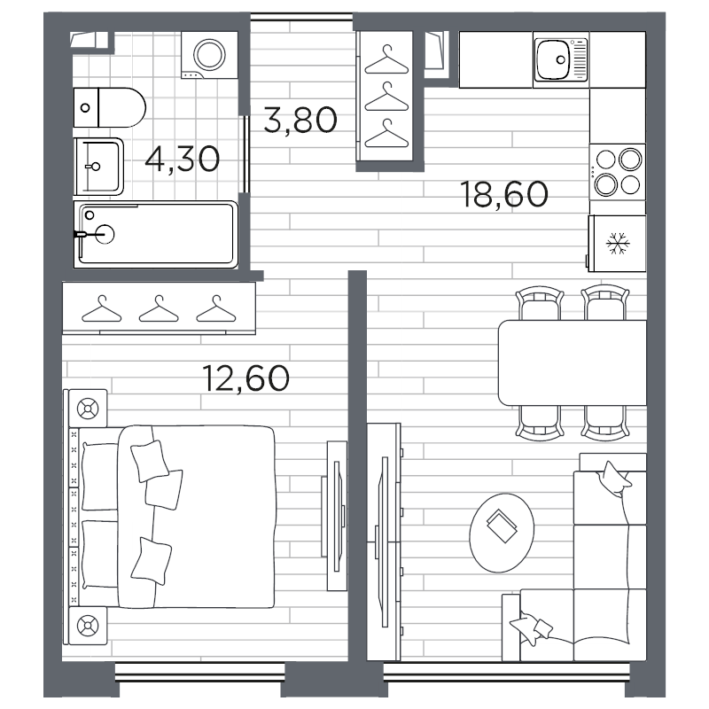 2-комнатная (Евро) квартира, 39.3 м² в ЖК "Плюс Пулковский" - планировка, фото №1