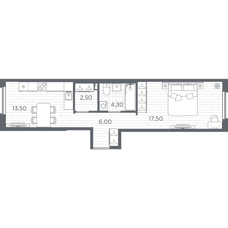 1-комнатная квартира, 43.8 м² в ЖК "PLUS Пулковский" - планировка, фото №1