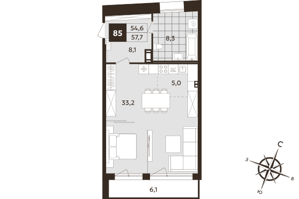 Квартира-студия, 54.6 м² в ЖК "Дом на Бронницкой" - планировка, фото №1