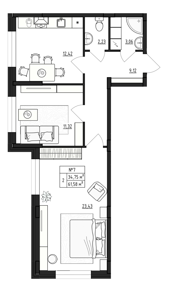 2-комнатная квартира, 61.58 м² - планировка, фото №1