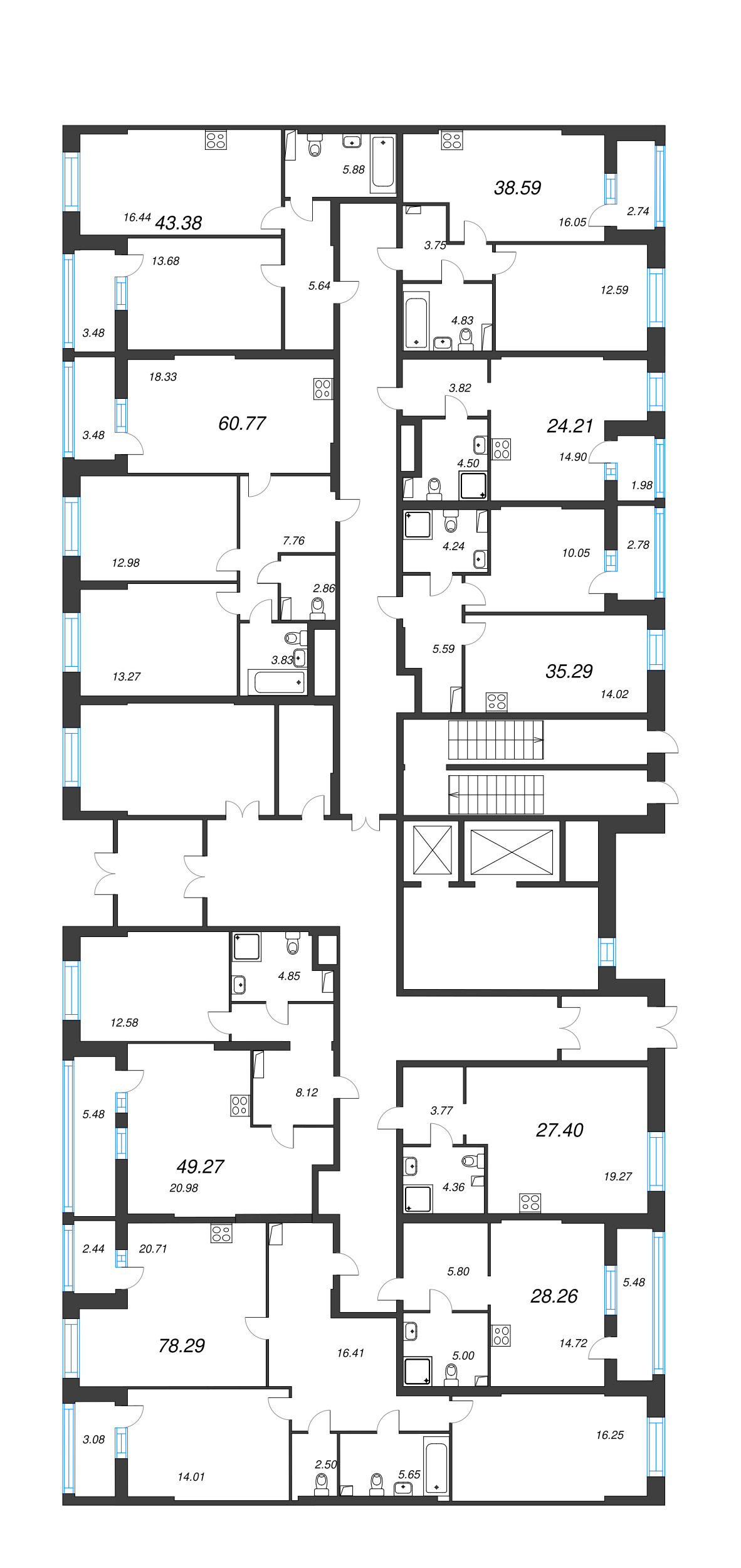 3-комнатная (Евро) квартира, 60.77 м² в ЖК "Аквилон Leaves" - планировка этажа