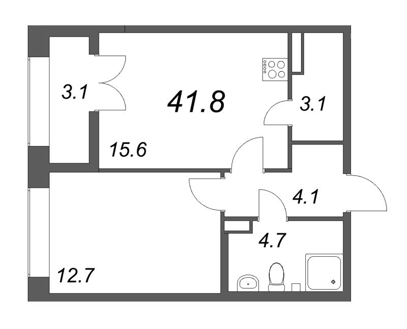 2-комнатная (Евро) квартира, 41.4 м² в ЖК "Новый Питер" - планировка, фото №1