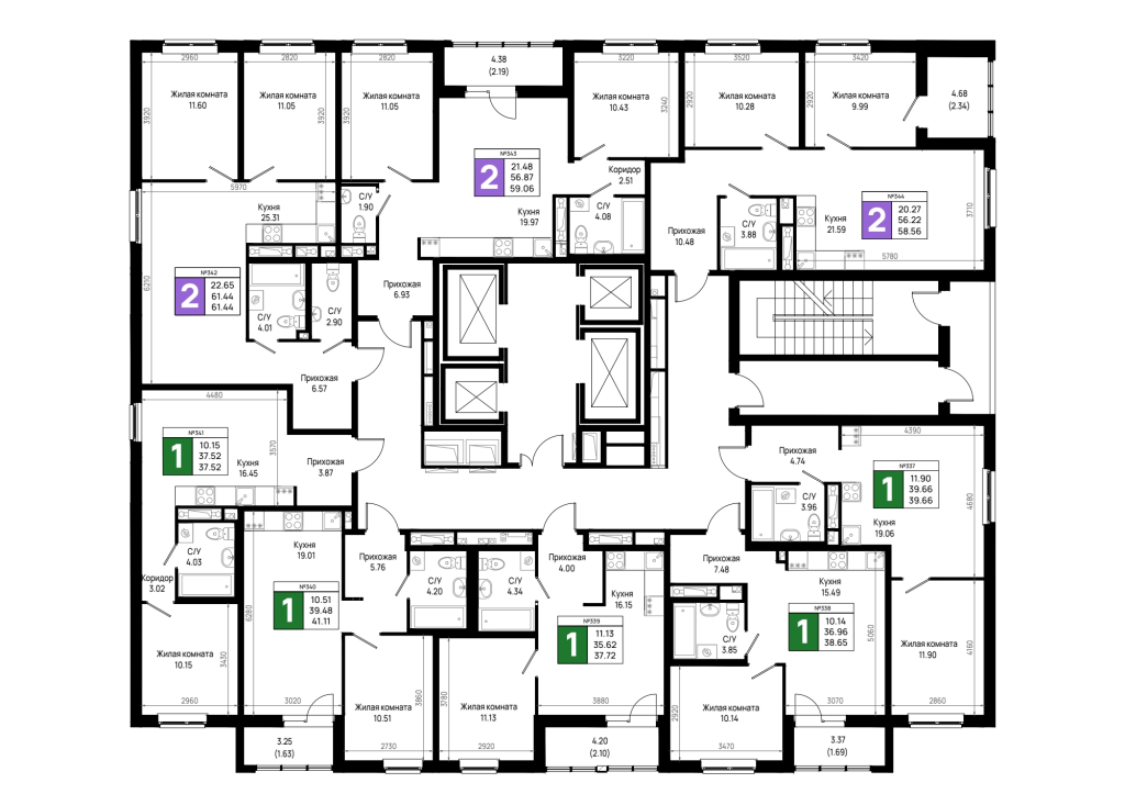 3-комнатная (Евро) квартира, 58.56 м² в ЖК "Имена" - планировка этажа