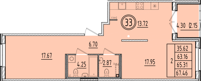 2-комнатная квартира, 63.16 м² в ЖК "Образцовый квартал 6.4" - планировка, фото №1