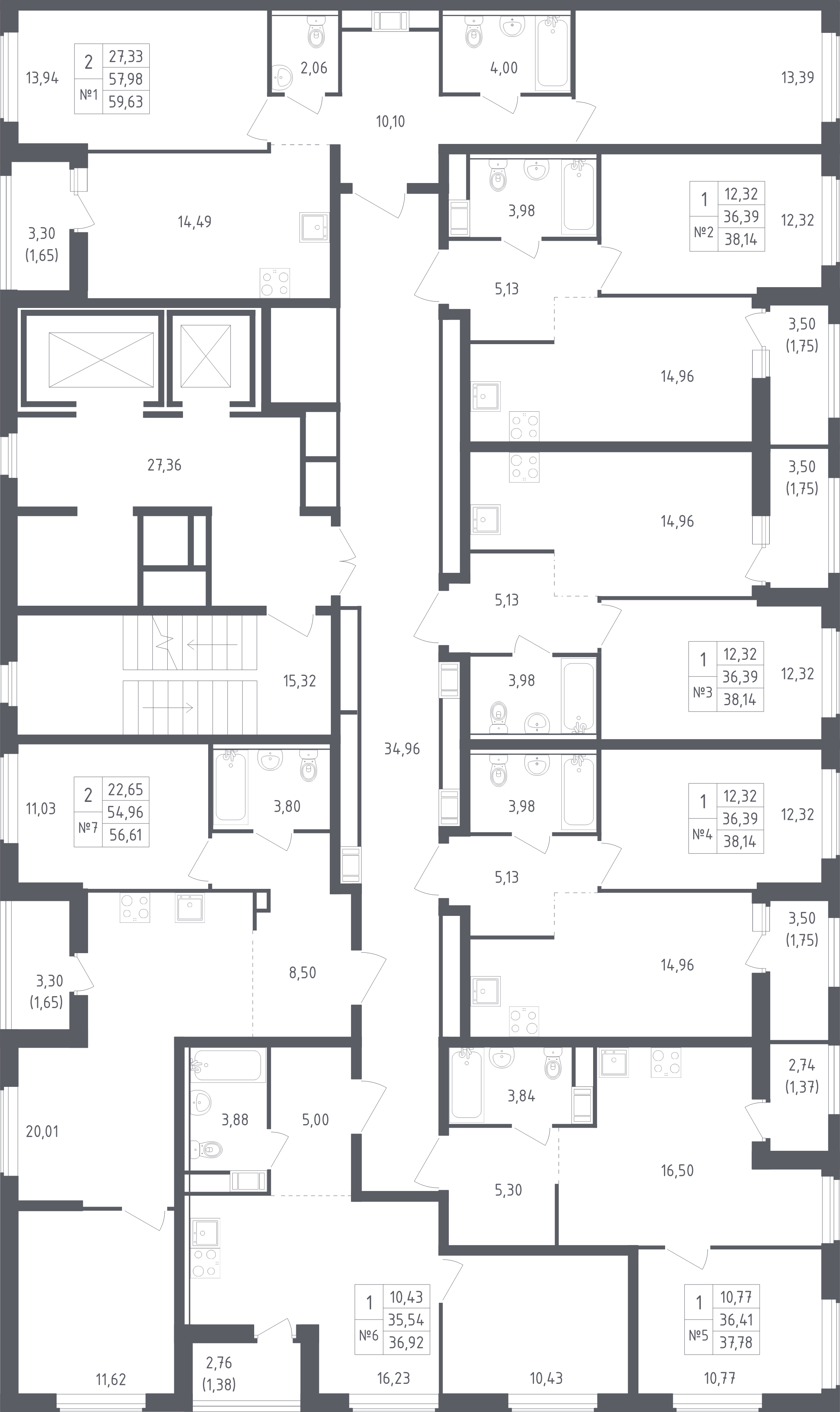 2-комнатная квартира, 59.63 м² в ЖК "Южная Нева" - планировка этажа