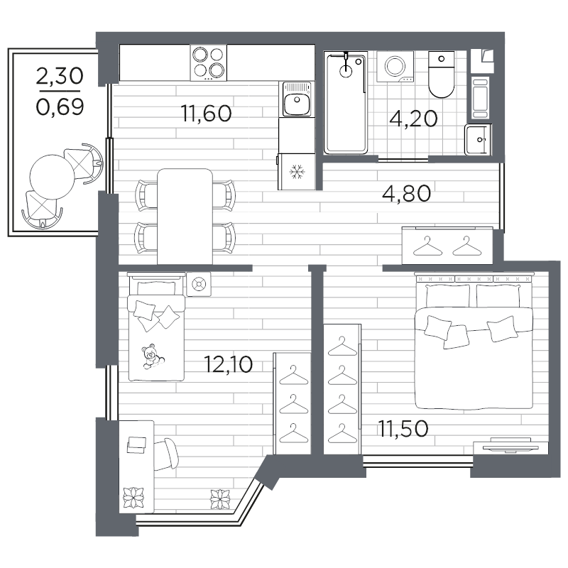 2-комнатная квартира, 44.89 м² в ЖК "PLUS Пулковский" - планировка, фото №1