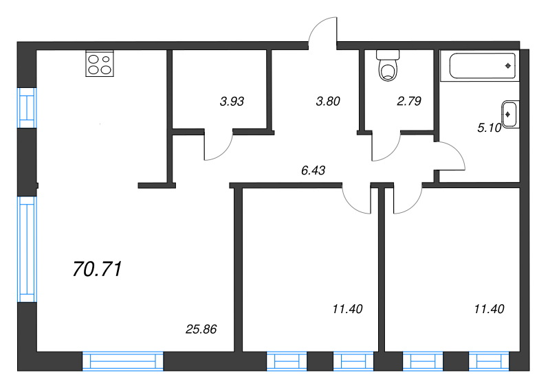 3-комнатная (Евро) квартира, 70.71 м² - планировка, фото №1