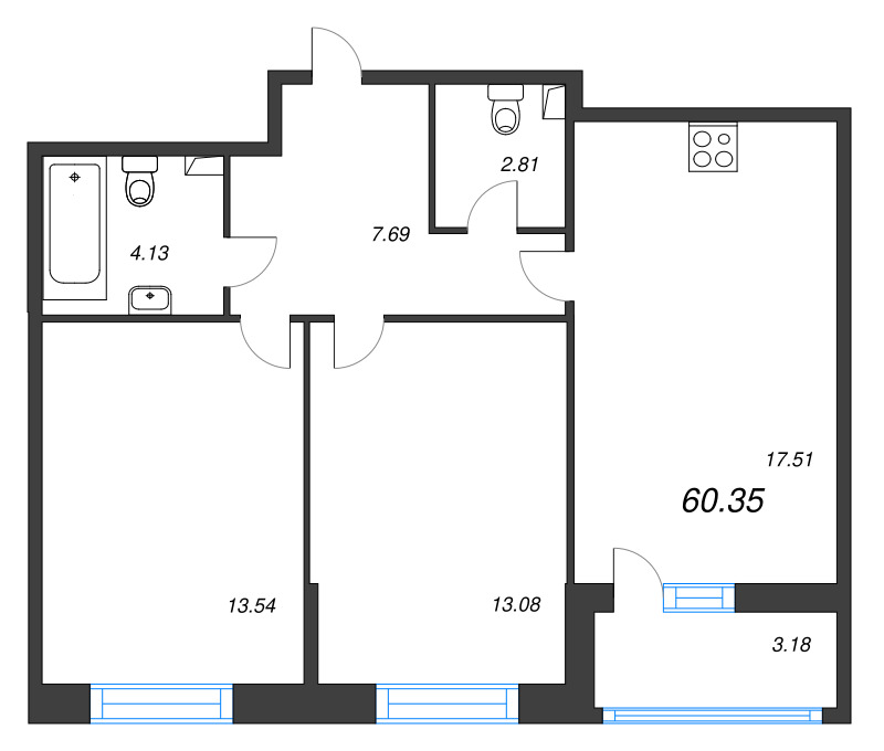 3-комнатная (Евро) квартира, 60.35 м² в ЖК "Аквилон Leaves" - планировка, фото №1