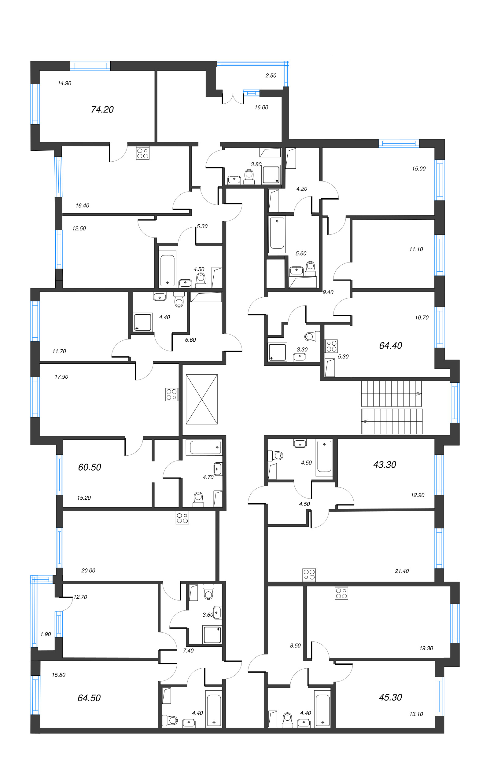 2-комнатная (Евро) квартира, 43.3 м² в ЖК "Парусная 1" - планировка этажа