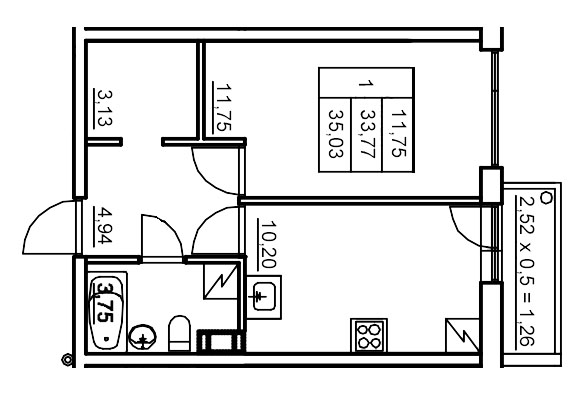 1-комнатная квартира, 35.08 м² - планировка, фото №1