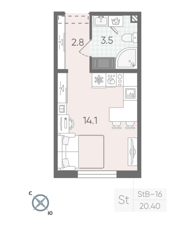 Квартира-студия, 20.4 м² в ЖК "Пейзажный квартал" - планировка, фото №1