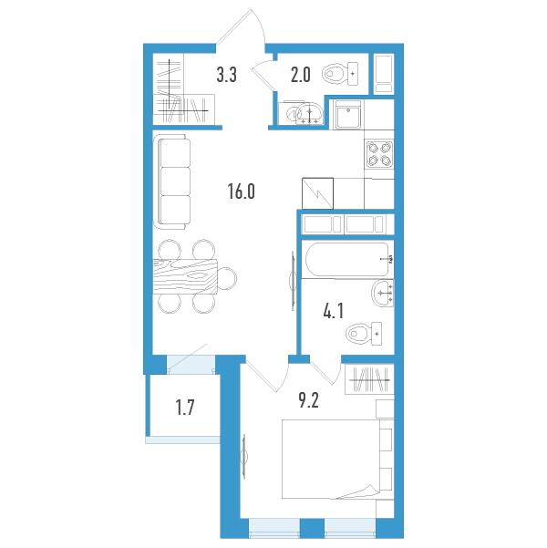 2-комнатная (Евро) квартира, 35.5 м² - планировка, фото №1