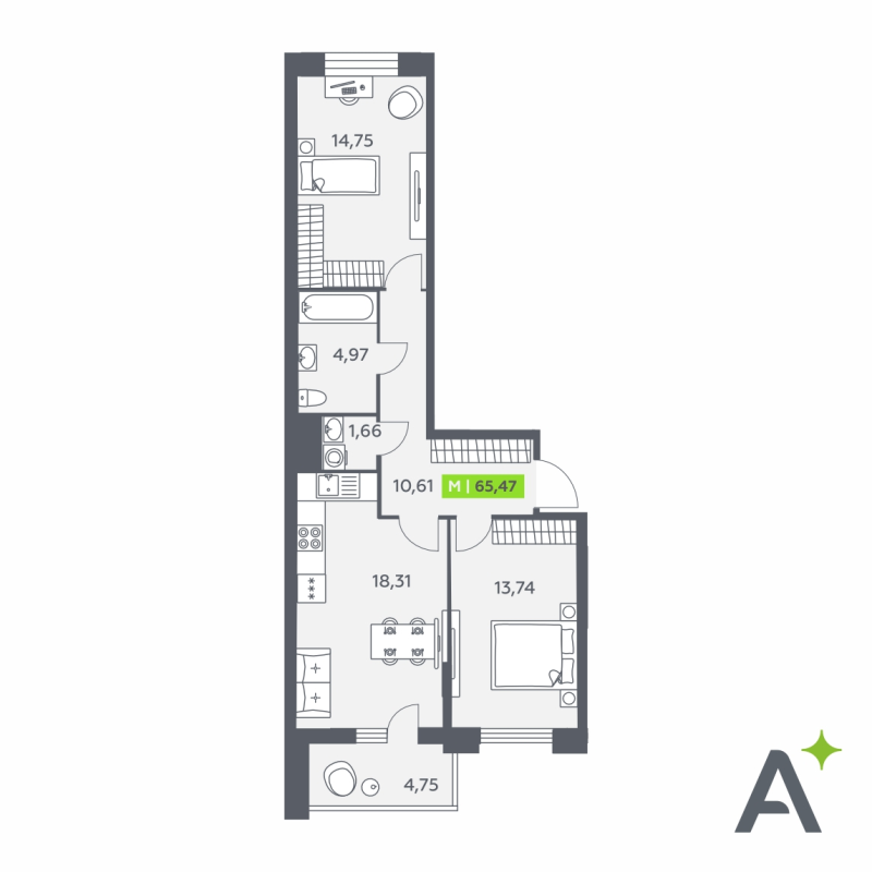 3-комнатная (Евро) квартира, 65.47 м² в ЖК "Аквилон Верба" - планировка, фото №1