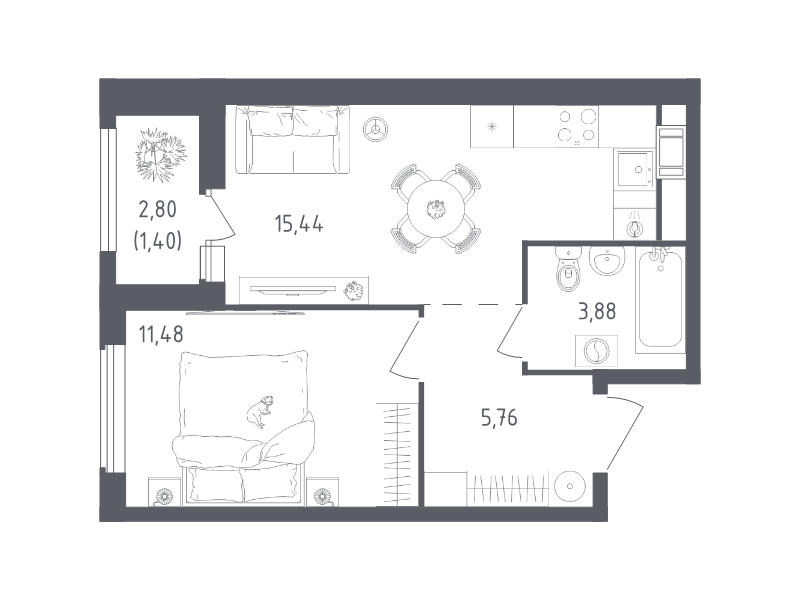 2-комнатная (Евро) квартира, 37.96 м² в ЖК "Южная Нева" - планировка, фото №1