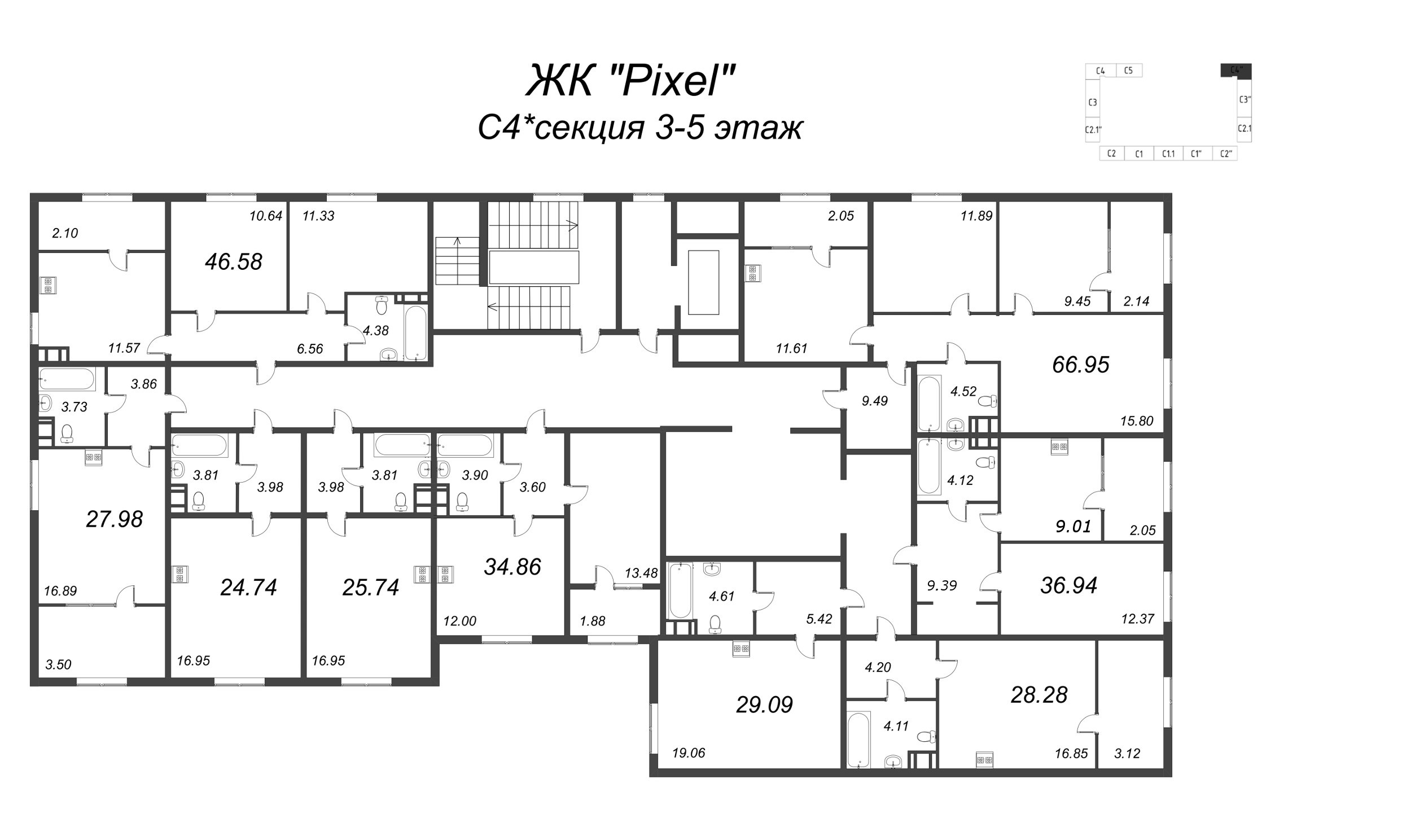3-комнатная квартира, 72.24 м² - планировка этажа