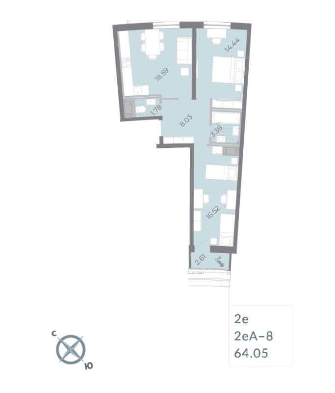 2-комнатная (Евро) квартира, 64.05 м² - планировка, фото №1