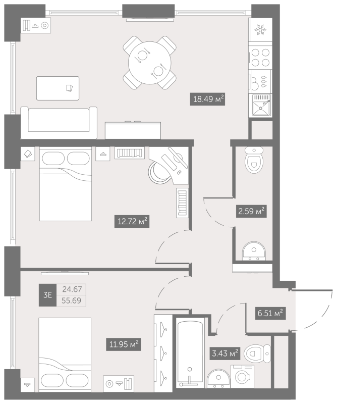 2-комнатная квартира, 55.69 м² - планировка, фото №1