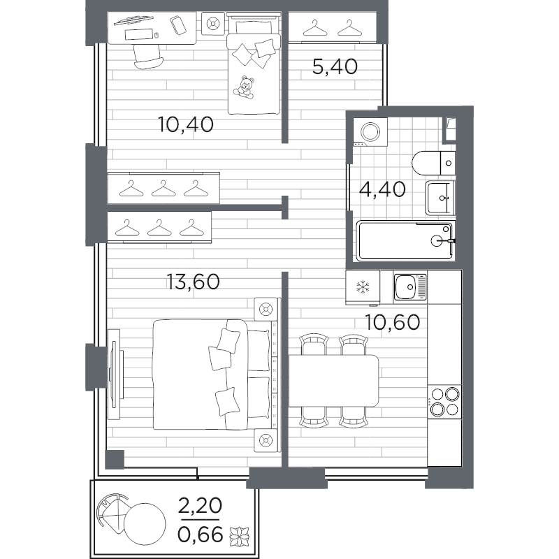 2-комнатная квартира, 45.06 м² в ЖК "PLUS Пулковский" - планировка, фото №1