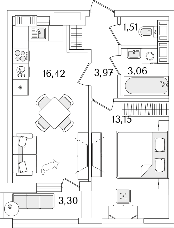 2-комнатная (Евро) квартира, 39.76 м² - планировка, фото №1