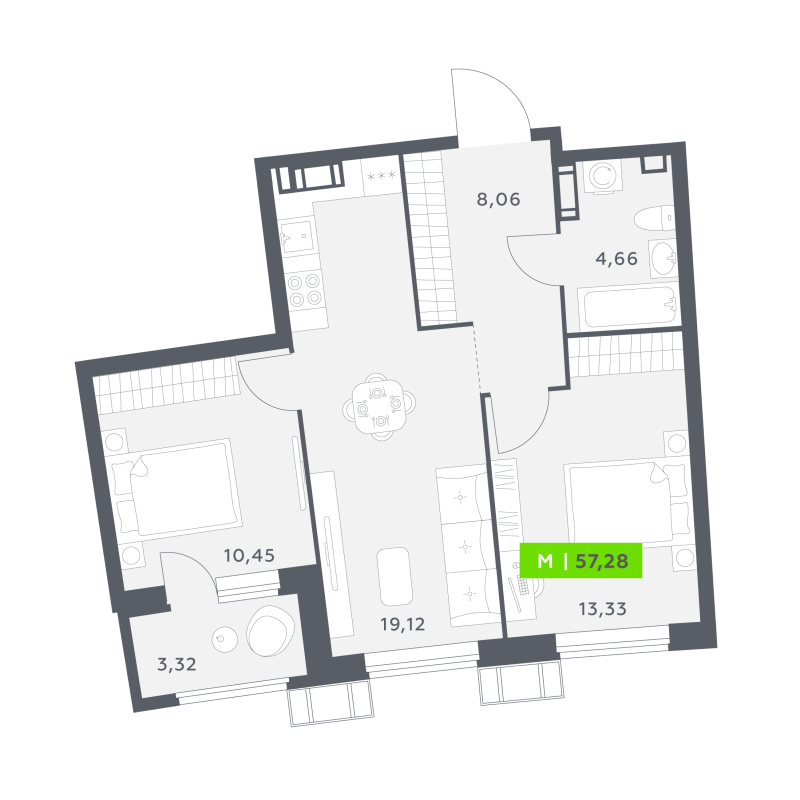 3-комнатная (Евро) квартира, 57.28 м² в ЖК "Аквилон РИВА" - планировка, фото №1