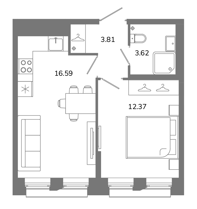 2-комнатная (Евро) квартира, 36.39 м² в ЖК "Твой космос" - планировка, фото №1